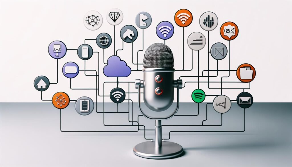 Minimalistisches Editorial-Bild mit Podcast-Mikrofon, verbundenen Server- und RSS-Symbolen, Geld-, Analyse- und Social-Icons in einem dezentralen Netzwerk, dezent angedeutete Podcast-Plattformen im Hintergrund.