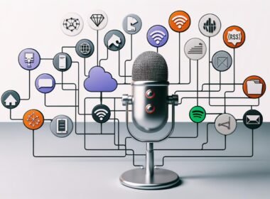 Minimalistisches Editorial-Bild mit Podcast-Mikrofon, verbundenen Server- und RSS-Symbolen, Geld-, Analyse- und Social-Icons in einem dezentralen Netzwerk, dezent angedeutete Podcast-Plattformen im Hintergrund.