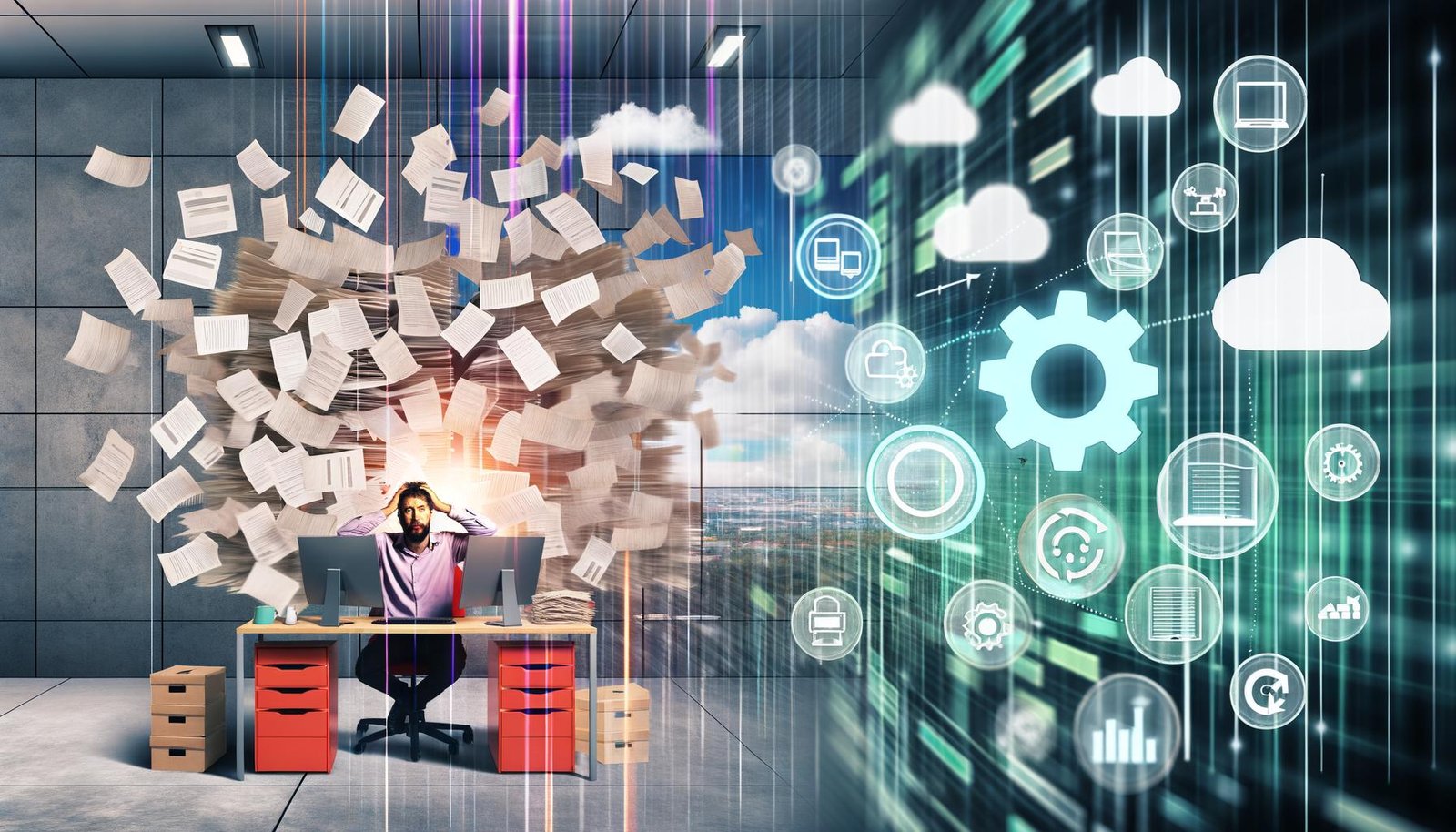 Gestresstes Marketing-Team mit Papierstapel links, entspannte Person mit digitalen Dashboards und Workflows rechts, getrennt durch ein Icon für Automation in einer modernen, energiegeladenen Büro-Umgebung.