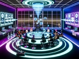 Mehrere stylische Avatare sitzen im neonbeleuchteten, virtuellen Podcast-Studio im Metaverse an einem schwebenden runden Tisch, umgeben von Hologrammen, KI-Tools, Screens mit Blockchain-Icons und Analytics-Diagrammen.