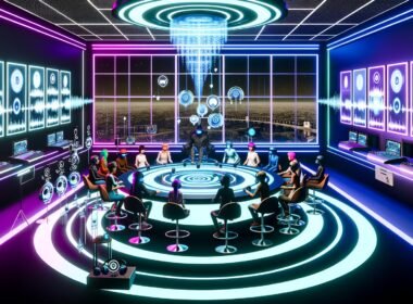 Mehrere stylische Avatare sitzen im neonbeleuchteten, virtuellen Podcast-Studio im Metaverse an einem schwebenden runden Tisch, umgeben von Hologrammen, KI-Tools, Screens mit Blockchain-Icons und Analytics-Diagrammen.