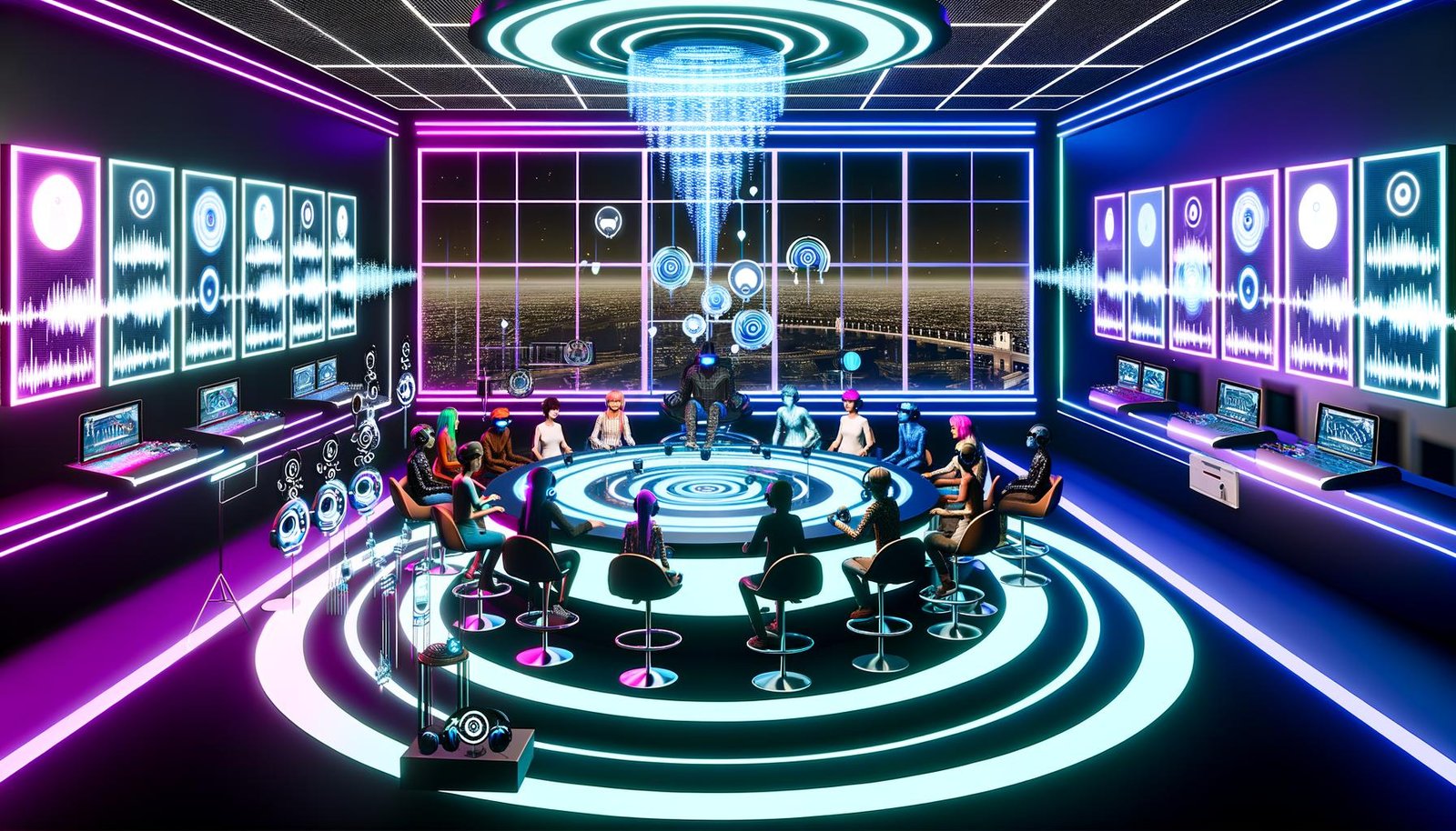 Mehrere stylische Avatare sitzen im neonbeleuchteten, virtuellen Podcast-Studio im Metaverse an einem schwebenden runden Tisch, umgeben von Hologrammen, KI-Tools, Screens mit Blockchain-Icons und Analytics-Diagrammen.