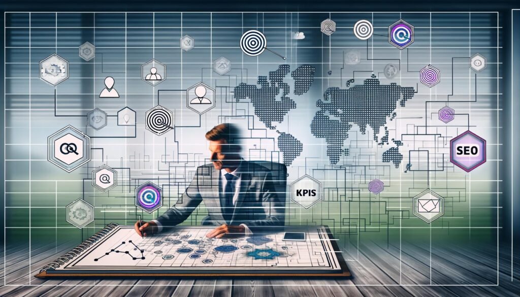 Technisch-moderne Illustration eines Architekten, der an seinem Schreibtisch einen komplexen Content-Marketing-Plan entwirft, umgeben von digitalen Tools, Charts, SEO-Icons und KPIs.