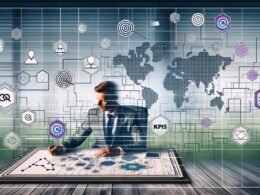 Technisch-moderne Illustration eines Architekten, der an seinem Schreibtisch einen komplexen Content-Marketing-Plan entwirft, umgeben von digitalen Tools, Charts, SEO-Icons und KPIs.