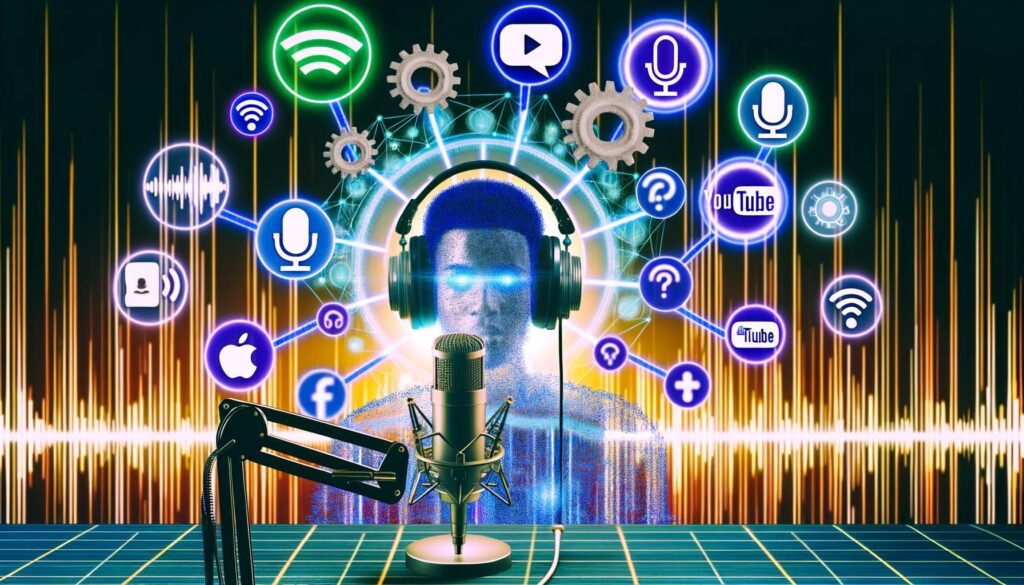 Podcast-Host mit Kopfhörern sitzt vor Mikrofon in High-Tech-Workspace, umgeben von Bildschirmen mit Podcast-Tools, Audio-Wellen, API-Symbolen und Social-Media-Icons wie Spotify, Apple und YouTube.