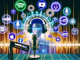 Podcast-Host mit Kopfhörern sitzt vor Mikrofon in High-Tech-Workspace, umgeben von Bildschirmen mit Podcast-Tools, Audio-Wellen, API-Symbolen und Social-Media-Icons wie Spotify, Apple und YouTube.