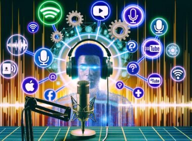 Podcast-Host mit Kopfhörern sitzt vor Mikrofon in High-Tech-Workspace, umgeben von Bildschirmen mit Podcast-Tools, Audio-Wellen, API-Symbolen und Social-Media-Icons wie Spotify, Apple und YouTube.