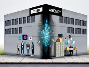 Illustration eines nüchternen Bürogebäudes der Cyberagentur mit futuristischen KI-Hologrammen und Hackern links, daneben Aktenschränke und Beamte bei Papierkram rechts