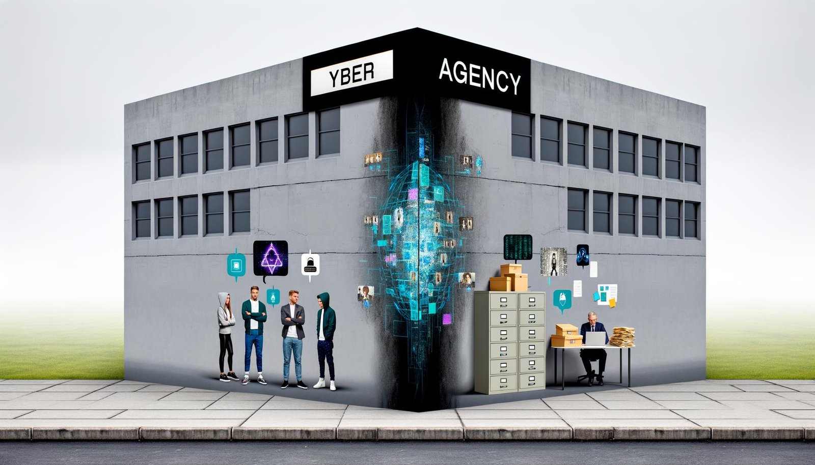 Illustration eines nüchternen Bürogebäudes der Cyberagentur mit futuristischen KI-Hologrammen und Hackern links, daneben Aktenschränke und Beamte bei Papierkram rechts