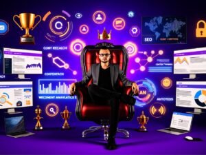 Selbstbewusster Content Marketing Editor auf digitalem Thron, umgeben von Monitoren mit Analytics-Dashboards, SEO-Grafiken und Content-Tools, im Hintergrund Trophäen und schwebende Icon-Elemente.