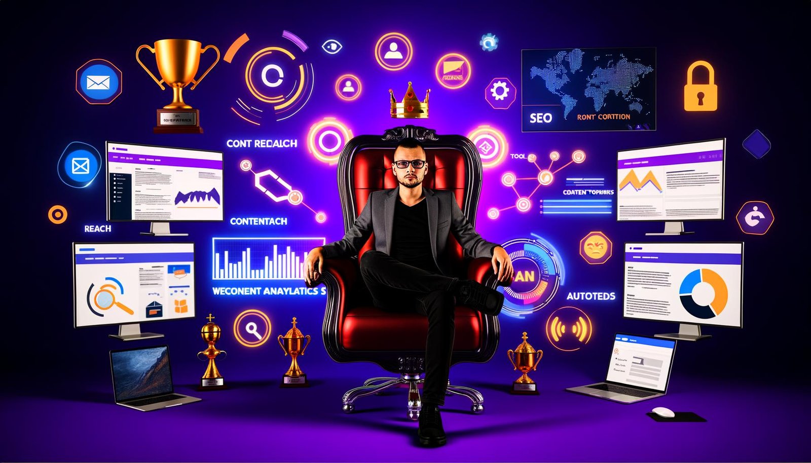 Selbstbewusster Content Marketing Editor auf digitalem Thron, umgeben von Monitoren mit Analytics-Dashboards, SEO-Grafiken und Content-Tools, im Hintergrund Trophäen und schwebende Icon-Elemente.