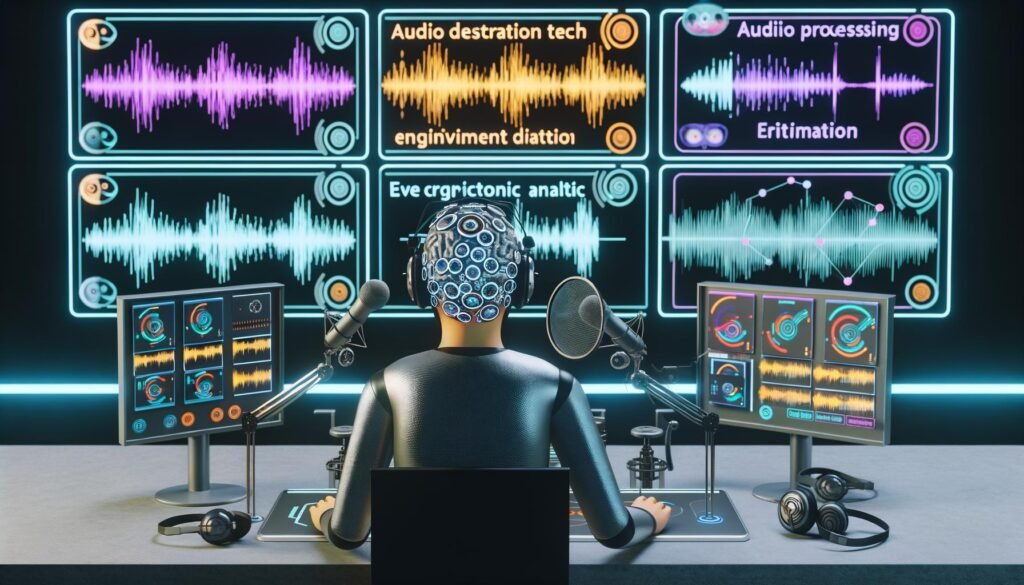 Modernes Podcast-Studio mit Person, die EEG-Headset und Eye-Tracking-Brille trägt, umgeben von Displays mit Hirnwellen, Analytics und Software-Workflows.