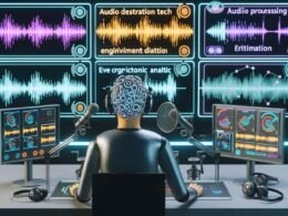Modernes Podcast-Studio mit Person, die EEG-Headset und Eye-Tracking-Brille trägt, umgeben von Displays mit Hirnwellen, Analytics und Software-Workflows.