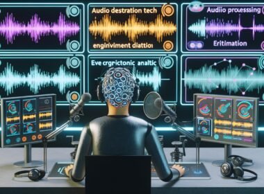 Modernes Podcast-Studio mit Person, die EEG-Headset und Eye-Tracking-Brille trägt, umgeben von Displays mit Hirnwellen, Analytics und Software-Workflows.