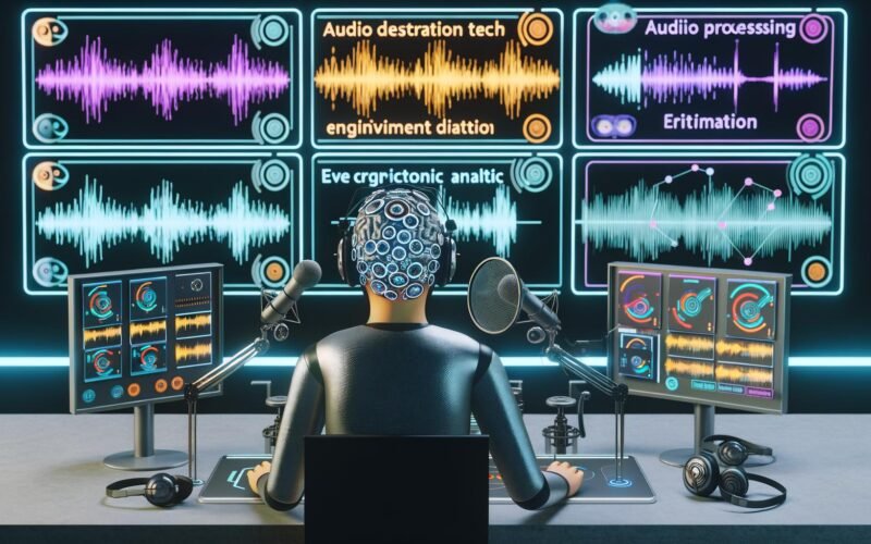 Modernes Podcast-Studio mit Person, die EEG-Headset und Eye-Tracking-Brille trägt, umgeben von Displays mit Hirnwellen, Analytics und Software-Workflows.