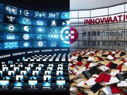 Geteilte Szene mit moderner, deutscher Cyberabwehr und Innovation im Kontrast zu Bürokratie, veralteter Technik und Chaos.