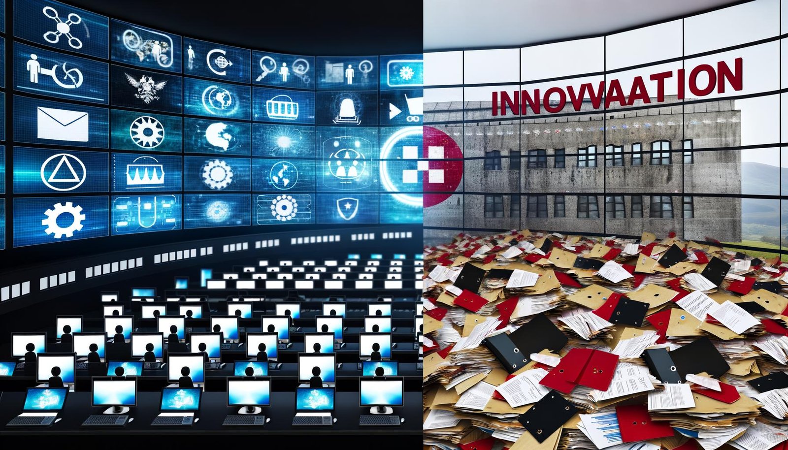 Geteilte Szene mit moderner, deutscher Cyberabwehr und Innovation im Kontrast zu Bürokratie, veralteter Technik und Chaos.