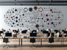 Moderner, aufgeräumter Schreibtisch mit schwebender Content Marketing Framework Infografik und arbeitenden Marketern im Hintergrund.