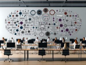 Moderner, aufgeräumter Schreibtisch mit schwebender Content Marketing Framework Infografik und arbeitenden Marketern im Hintergrund.