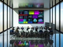 Geschäftsleute in Anzügen sitzen in einem hyperrealistischen Konferenzraum, alle blicken auf eine bunte PowerPoint-Präsentation mit Schlagwörtern wie Künstliche Intelligenz, während Aktenstapel im Eck liegen.