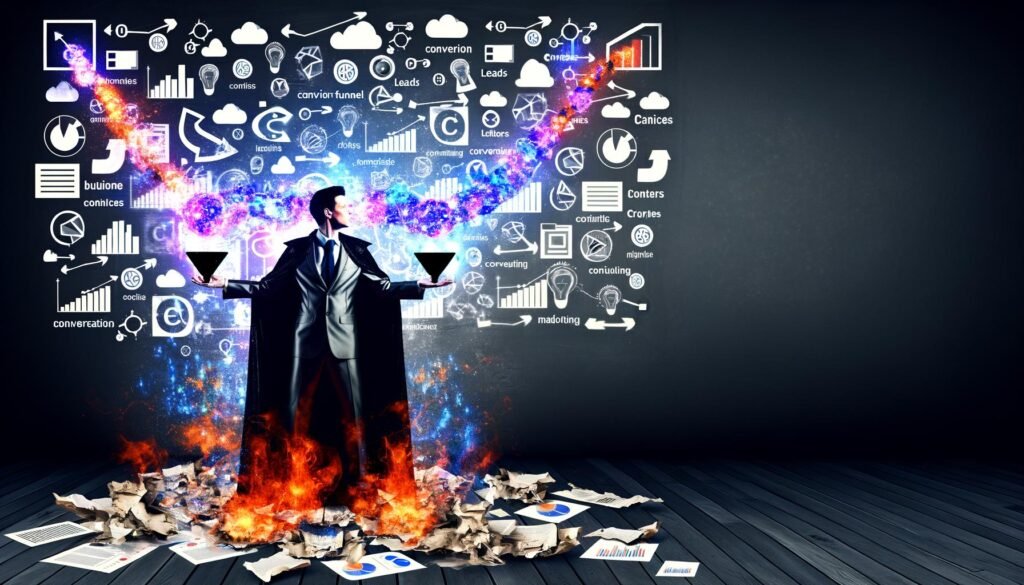 Dramatischer Digital-Illustration eines entschlossenen Magiers im Anzug, der leuchtende Conversion-Funnels aus Datenströmen und Analyse-Icons heraufbeschwört, mit verbrannten Präsentationsfolien im Hintergrund.