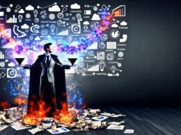 Dramatischer Digital-Illustration eines entschlossenen Magiers im Anzug, der leuchtende Conversion-Funnels aus Datenströmen und Analyse-Icons heraufbeschwört, mit verbrannten Präsentationsfolien im Hintergrund.