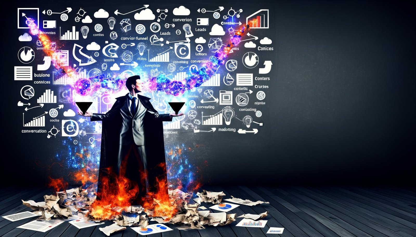 Dramatischer Digital-Illustration eines entschlossenen Magiers im Anzug, der leuchtende Conversion-Funnels aus Datenströmen und Analyse-Icons heraufbeschwört, mit verbrannten Präsentationsfolien im Hintergrund.