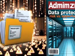 Stilisierte Darstellung einer digitalen Verwaltung: Vordergrund leuchtender Aktenordner mit durch Sperrbalken geschützten sensiblen Dokumenten, Hintergrund veraltete IT-Landschaft links und moderner, sicherer Datenraum rechts, mit Symbolen für Datenschutz.