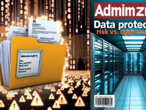 Stilisierte Darstellung einer digitalen Verwaltung: Vordergrund leuchtender Aktenordner mit durch Sperrbalken geschützten sensiblen Dokumenten, Hintergrund veraltete IT-Landschaft links und moderner, sicherer Datenraum rechts, mit Symbolen für Datenschutz.