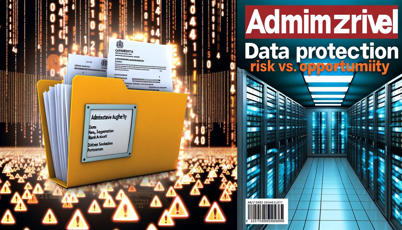 Stilisierte Darstellung einer digitalen Verwaltung: Vordergrund leuchtender Aktenordner mit durch Sperrbalken geschützten sensiblen Dokumenten, Hintergrund veraltete IT-Landschaft links und moderner, sicherer Datenraum rechts, mit Symbolen für Datenschutz.