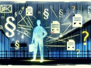 Editorial-Illustration eines durchscheinenden Bürgers, umgeben von Datenströmen, Icons für persönliche Daten, Behörden-Silhouetten, Paragraphen- und DSGVO-Symbol sowie einer Black-Box mit Warnzeichen.