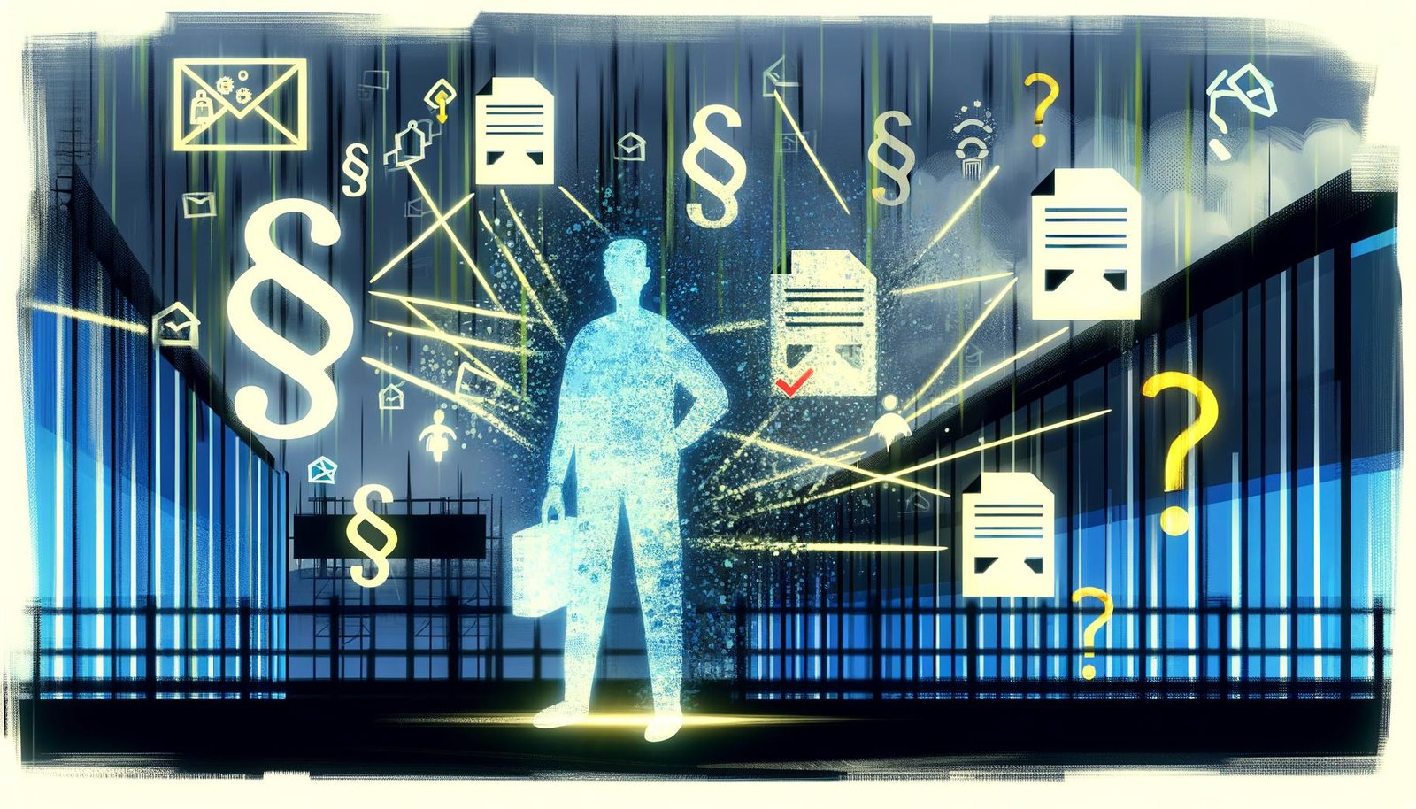 Editorial-Illustration eines durchscheinenden Bürgers, umgeben von Datenströmen, Icons für persönliche Daten, Behörden-Silhouetten, Paragraphen- und DSGVO-Symbol sowie einer Black-Box mit Warnzeichen.