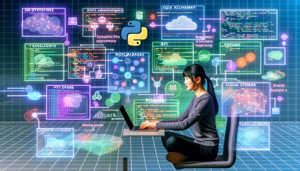 Futuristischer Arbeitsplatz eines Data Engineers mit Laptop, schwebenden Datenbanken, API-Symbolen, Python-Code, DataFrames und digitalen Verbindungslinien zwischen mehreren Datenquellen.