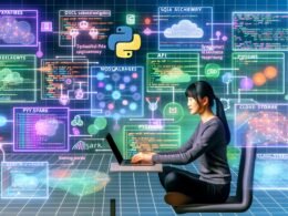 Futuristischer Arbeitsplatz eines Data Engineers mit Laptop, schwebenden Datenbanken, API-Symbolen, Python-Code, DataFrames und digitalen Verbindungslinien zwischen mehreren Datenquellen.