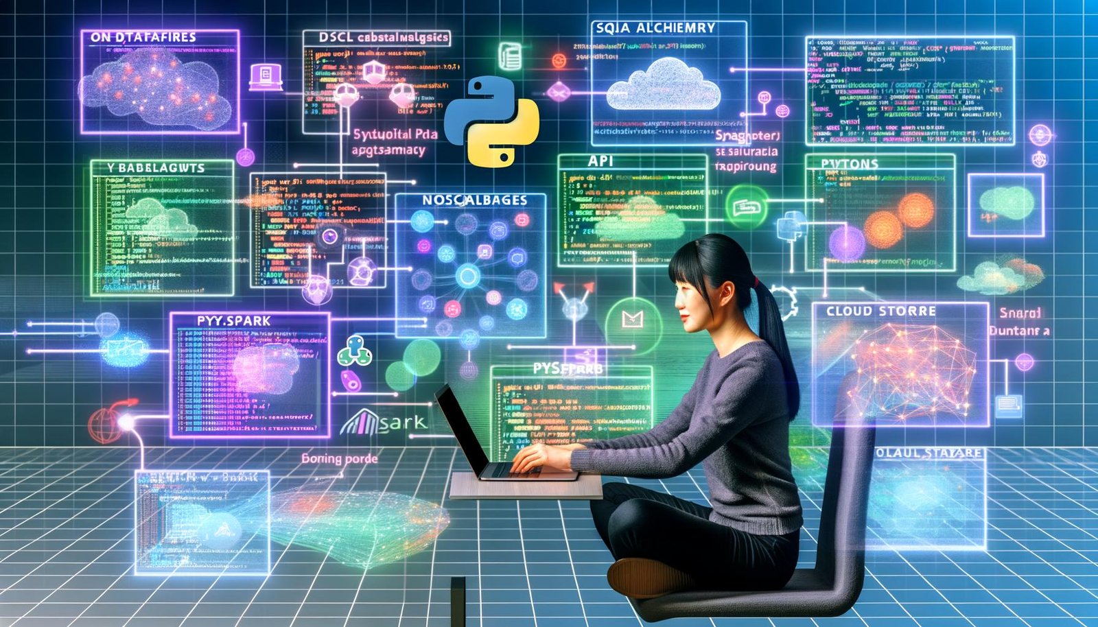 Futuristischer Arbeitsplatz eines Data Engineers mit Laptop, schwebenden Datenbanken, API-Symbolen, Python-Code, DataFrames und digitalen Verbindungslinien zwischen mehreren Datenquellen.