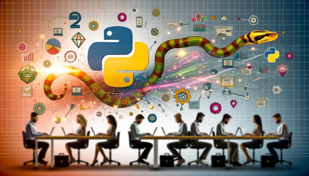 Marketers in einem modernen Büro arbeiten an Laptops mit Python-Code und automatisierten Workflows, verbunden durch Diagramme und Social-Media-Icons. Stilvolle Python-Schlangen leuchten im Hintergrund.