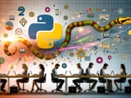Marketers in einem modernen Büro arbeiten an Laptops mit Python-Code und automatisierten Workflows, verbunden durch Diagramme und Social-Media-Icons. Stilvolle Python-Schlangen leuchten im Hintergrund.