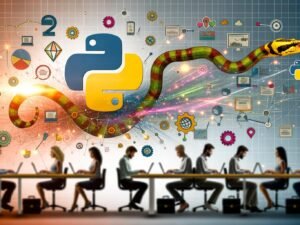Marketers in einem modernen Büro arbeiten an Laptops mit Python-Code und automatisierten Workflows, verbunden durch Diagramme und Social-Media-Icons. Stilvolle Python-Schlangen leuchten im Hintergrund.
