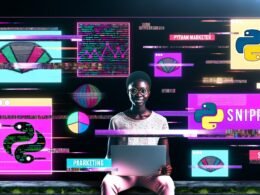 Junge Marketerin im lässigen Outfit vor mehreren digitalen Bildschirmen mit rotierenden Python-Codes, Marketing-Grafiken und SEO-Icons; Laptop mit 'Python Snippet' in Command-Line vor ihr, urbaner dunkler Hintergrund, bunte Akzente.