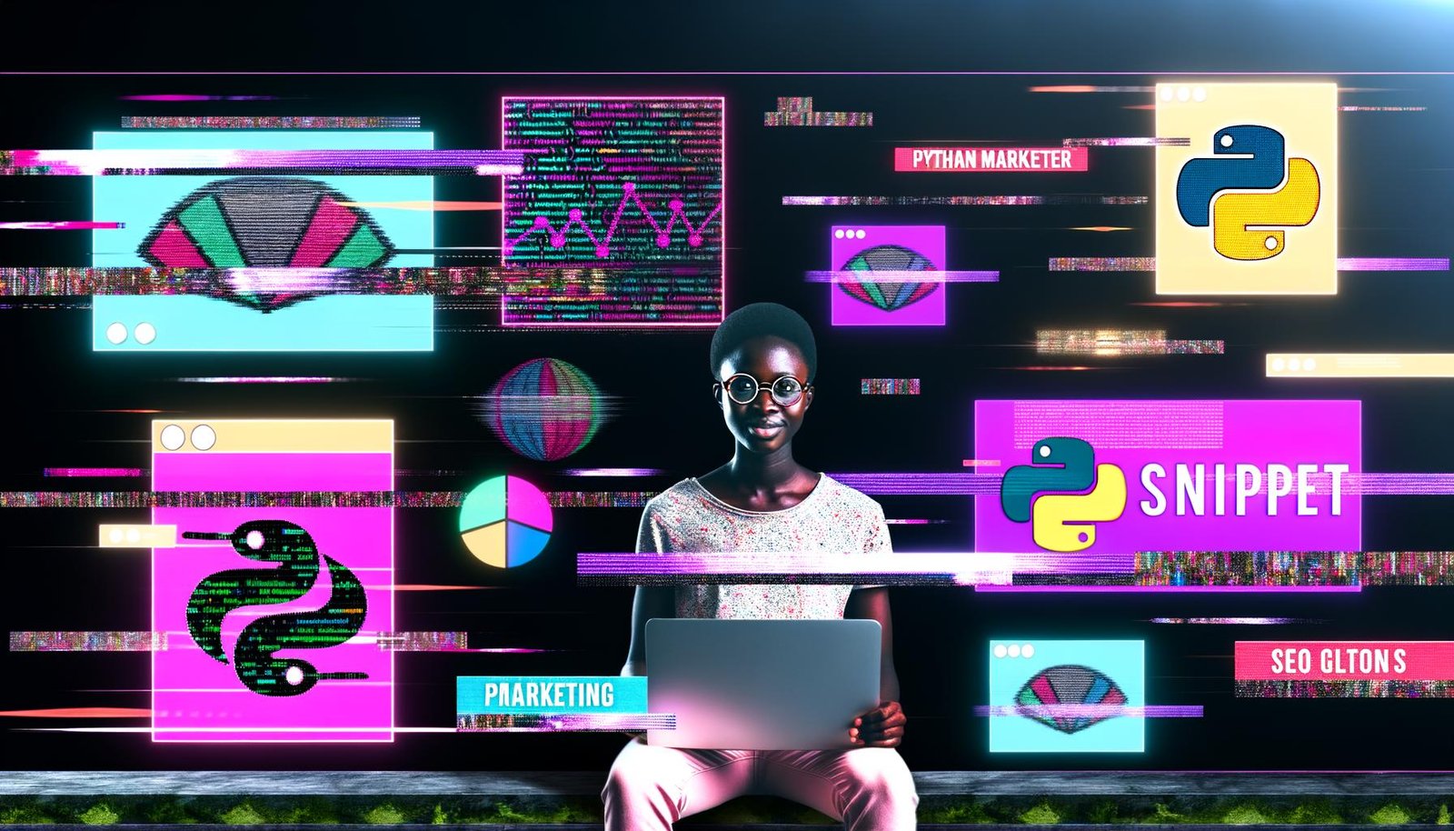 Junge Marketerin im lässigen Outfit vor mehreren digitalen Bildschirmen mit rotierenden Python-Codes, Marketing-Grafiken und SEO-Icons; Laptop mit 'Python Snippet' in Command-Line vor ihr, urbaner dunkler Hintergrund, bunte Akzente.