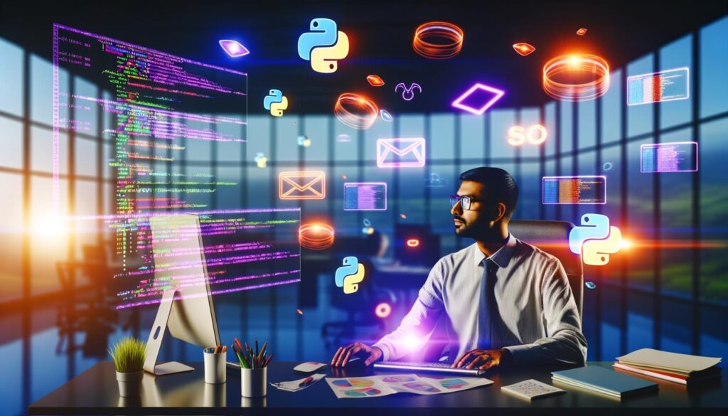 Marketing-Profi sitzt in inspirierender, heller Umgebung vor Monitoren mit Python-Code, tabellarischen Daten und Dashboards; leuchtende HTML-Marketingelemente als Hologramme schweben im Hintergrund.