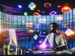 Marketing-Profi sitzt in inspirierender, heller Umgebung vor Monitoren mit Python-Code, tabellarischen Daten und Dashboards; leuchtende HTML-Marketingelemente als Hologramme schweben im Hintergrund.