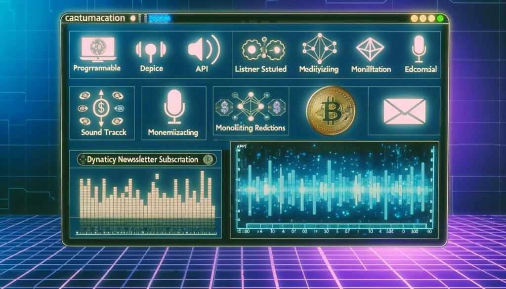 Podcast-Interface mit Dashboard, Tonspuren, Hörerstatistiken, APIs, Ad-Boards, Blockchain-Icons, digitalen Wallets und NFT-Newsletter in futuristischer Umgebung