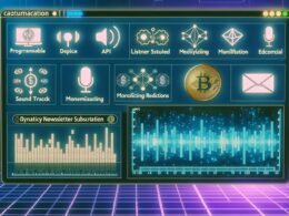 Podcast-Interface mit Dashboard, Tonspuren, Hörerstatistiken, APIs, Ad-Boards, Blockchain-Icons, digitalen Wallets und NFT-Newsletter in futuristischer Umgebung