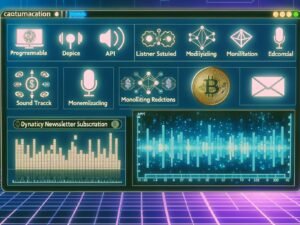 Podcast-Interface mit Dashboard, Tonspuren, Hörerstatistiken, APIs, Ad-Boards, Blockchain-Icons, digitalen Wallets und NFT-Newsletter in futuristischer Umgebung