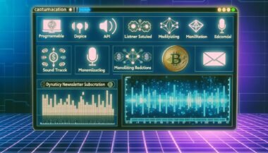 Podcast-Interface mit Dashboard, Tonspuren, Hörerstatistiken, APIs, Ad-Boards, Blockchain-Icons, digitalen Wallets und NFT-Newsletter in futuristischer Umgebung