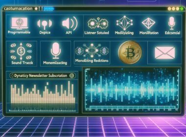 Podcast-Interface mit Dashboard, Tonspuren, Hörerstatistiken, APIs, Ad-Boards, Blockchain-Icons, digitalen Wallets und NFT-Newsletter in futuristischer Umgebung