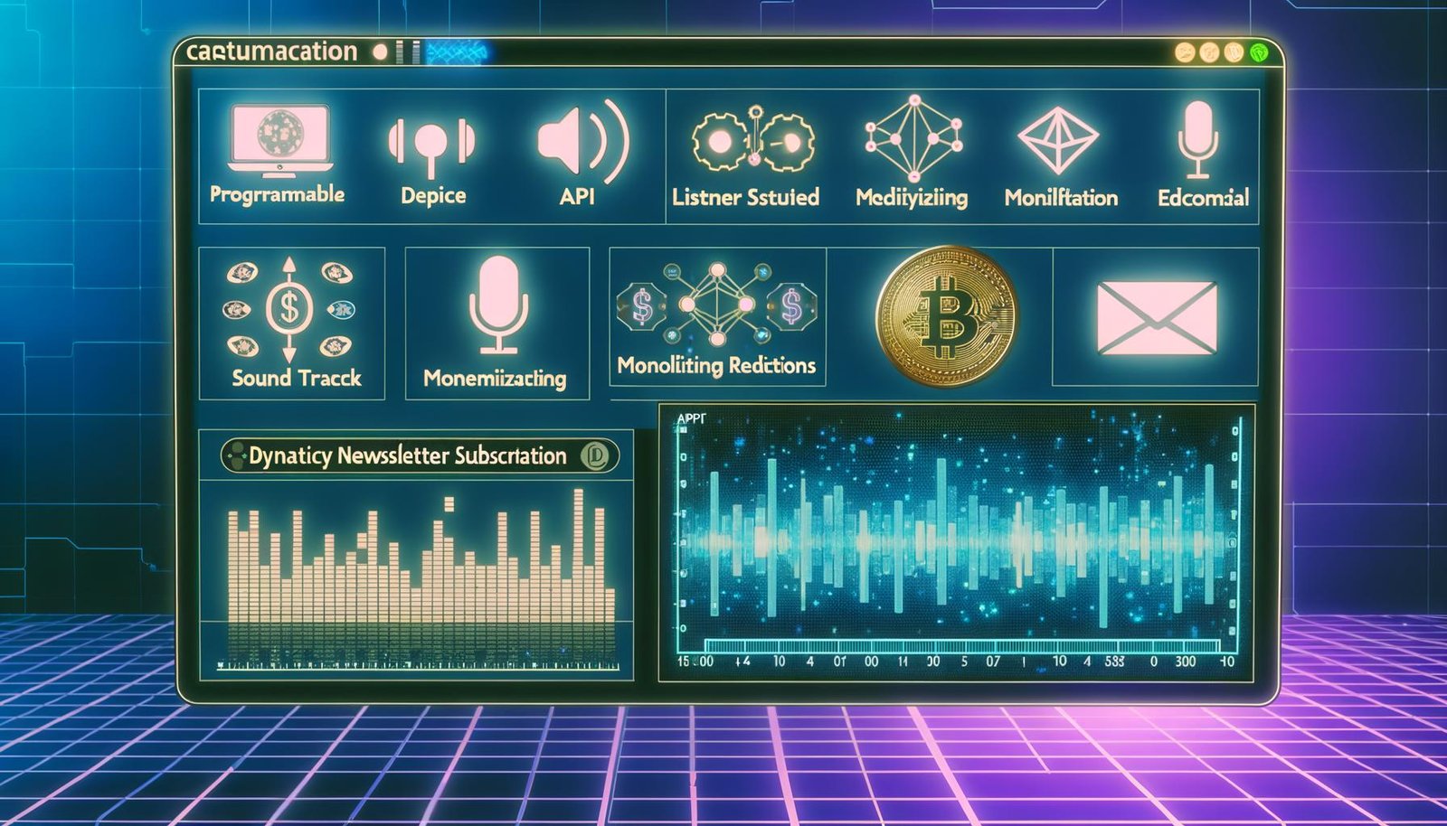 Podcast-Interface mit Dashboard, Tonspuren, Hörerstatistiken, APIs, Ad-Boards, Blockchain-Icons, digitalen Wallets und NFT-Newsletter in futuristischer Umgebung