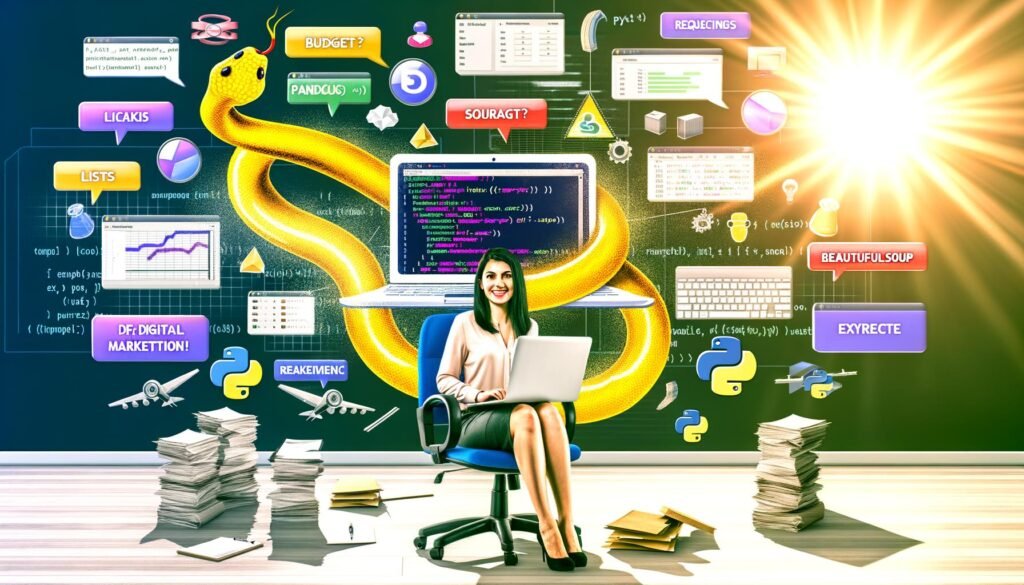 Collage aus modernen Python-Marketing-Szenen: Managerin mit Laptop, Python-Code und Data-Dashboards, Python-Bibliotheken als Werkzeuge, automatisierte Datenflüsse, Worst-Practice-Fehlerbild und agiles Marketingteam vor Visualisierungen.