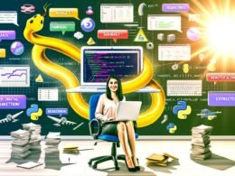 Collage aus modernen Python-Marketing-Szenen: Managerin mit Laptop, Python-Code und Data-Dashboards, Python-Bibliotheken als Werkzeuge, automatisierte Datenflüsse, Worst-Practice-Fehlerbild und agiles Marketingteam vor Visualisierungen.